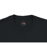 Black t-shirt with a logo on the collar against a white background