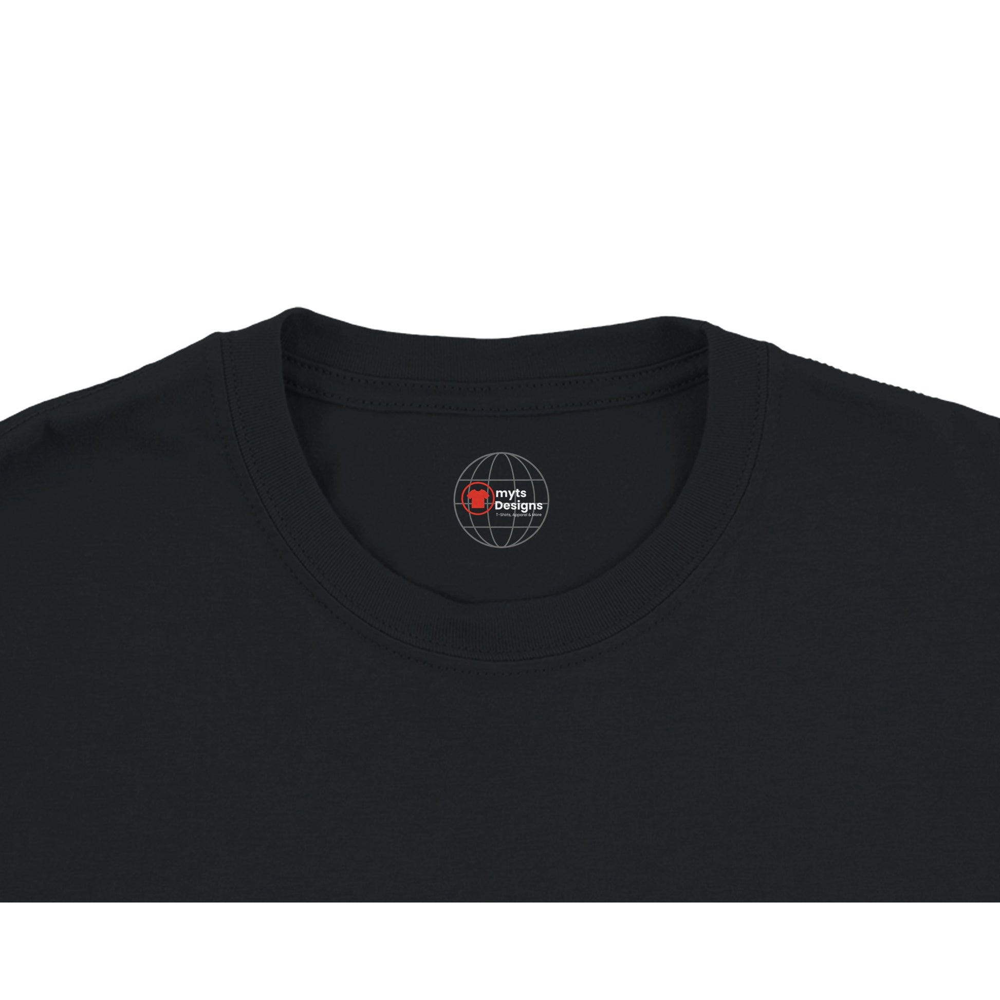 Black t-shirt with a logo on the collar against a white background