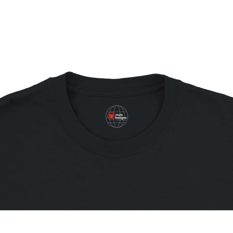 Black t-shirt with a logo on the collar against a white background