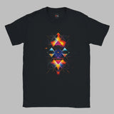 Folded black T-shirt featuring a modern geometric abstract design with vibrant neon shapes, sharp lines, and colorful gradients in red, orange, blue, and purple. Perfect for artistic and futuristic streetwear styles.