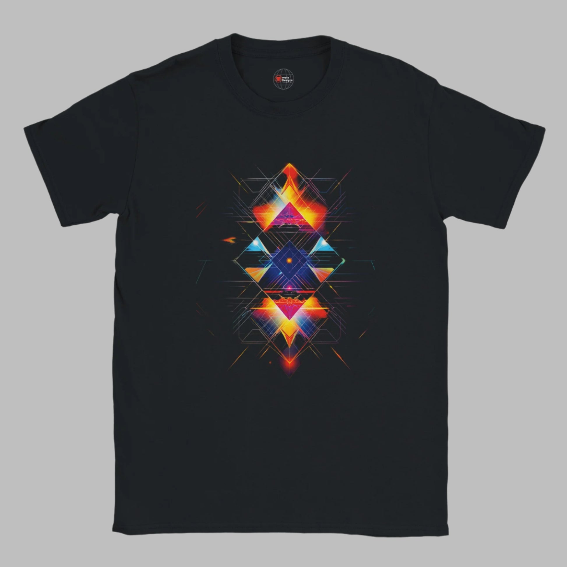 Folded black T-shirt featuring a modern geometric abstract design with vibrant neon shapes, sharp lines, and colorful gradients in red, orange, blue, and purple. Perfect for artistic and futuristic streetwear styles.