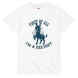 White t-shirt with a graphic of a donkey and text on a white background