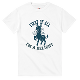 White t-shirt with a graphic of a donkey and text on a white background