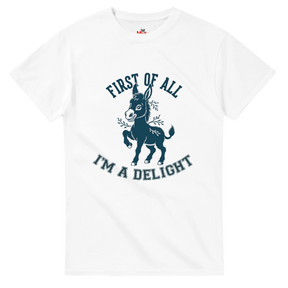 White t-shirt with a graphic of a donkey and text on a white background