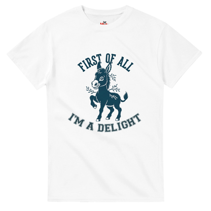 White t-shirt with a graphic of a donkey and text on a white background