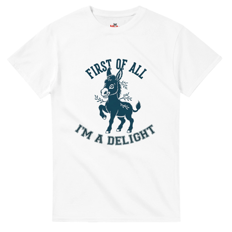 White t-shirt with a graphic of a donkey and text on a white background