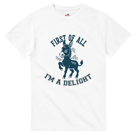 White t-shirt with a graphic of a donkey and text on a white background