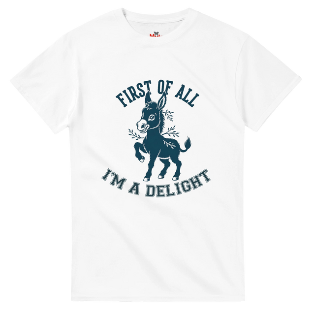 White t-shirt with a graphic of a donkey and text on a white background