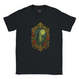 Black t-shirt with a decorative design of a castle and roses on a white background