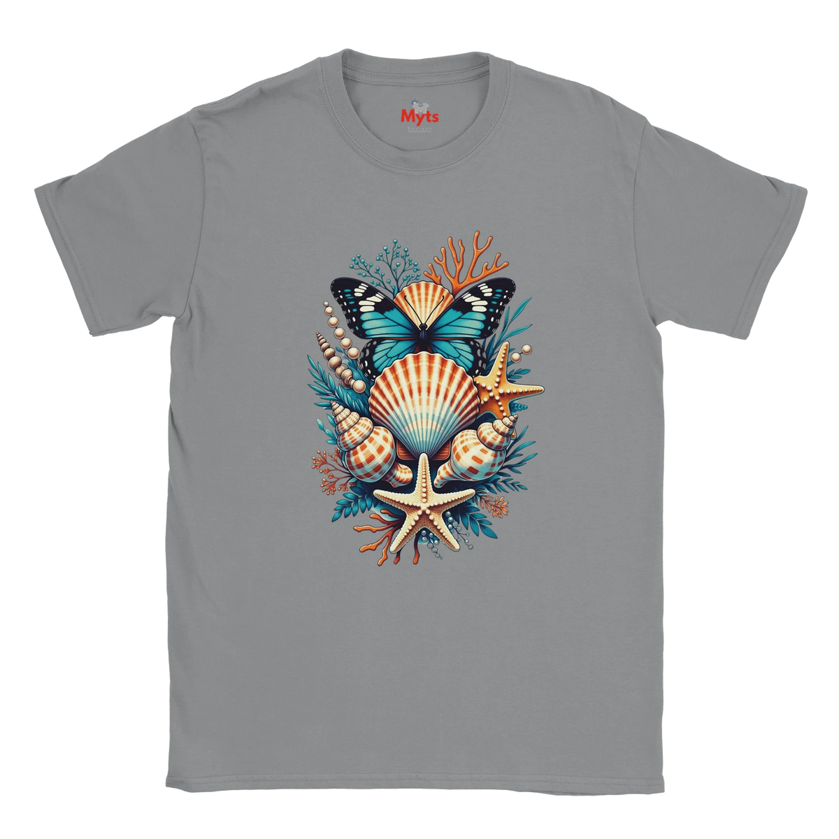 A gray short-sleeve crewneck T-shirt featuring a colorful graphic print of a butterfly, seashells, starfish, and coral on the front. The brand name 'Myts' is printed inside the collar.