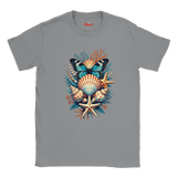 A gray short-sleeve crewneck T-shirt featuring a colorful graphic print of a butterfly, seashells, starfish, and coral on the front. The brand name 'Myts' is printed inside the collar.