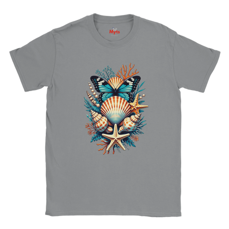 A gray short-sleeve crewneck T-shirt featuring a colorful graphic print of a butterfly, seashells, starfish, and coral on the front. The brand name 'Myts' is printed inside the collar.