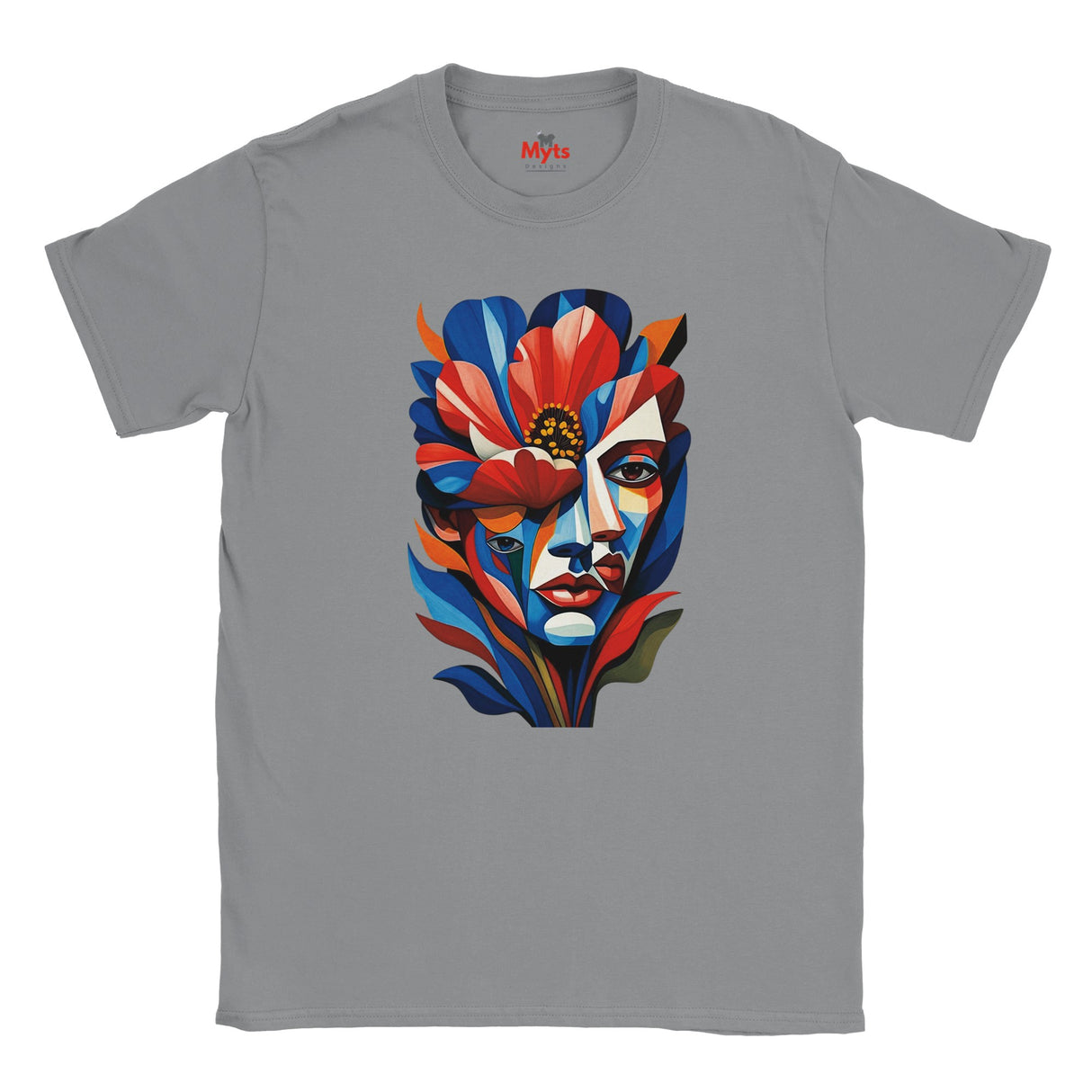 Sports Grey  T-shirt featuring a colourful abstract floral face portrait with layered blue, red, coral and yellow geometric shapes, flowers and botanical leaves.