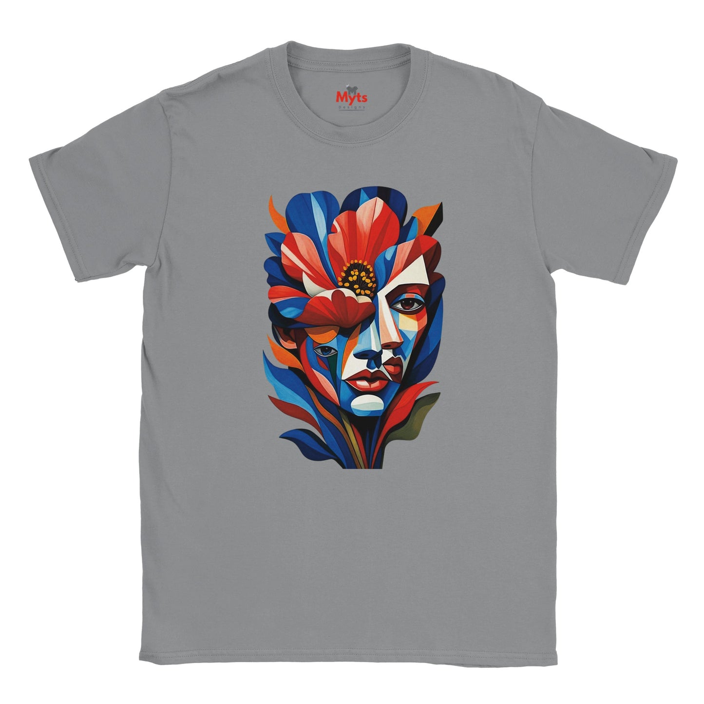 Sports Grey  T-shirt featuring a colourful abstract floral face portrait with layered blue, red, coral and yellow geometric shapes, flowers and botanical leaves.
