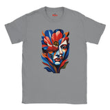 Sports Grey  T-shirt featuring a colourful abstract floral face portrait with layered blue, red, coral and yellow geometric shapes, flowers and botanical leaves.