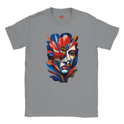 Sports Grey  T-shirt featuring a colourful abstract floral face portrait with layered blue, red, coral and yellow geometric shapes, flowers and botanical leaves.