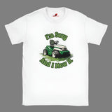 Funny lawn mowing t-shirt with I'm Sexy and I Mow It slogan and ride-on mower graphic