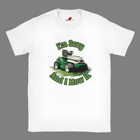 Funny lawn mowing t-shirt with I'm Sexy and I Mow It slogan and ride-on mower graphic