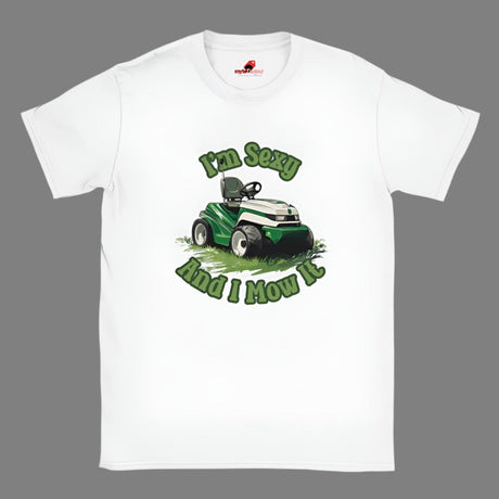 Funny lawn mowing t-shirt with I'm Sexy and I Mow It slogan and ride-on mower graphic