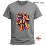 A gray short-sleeve crewneck t-shirt featuring a colorful graphic print of multiple stylized faces with eyes. The text 'Sports Grey' is written in the top right corner, and the 'Myts Designs' brand logo is visible in the bottom right corner.