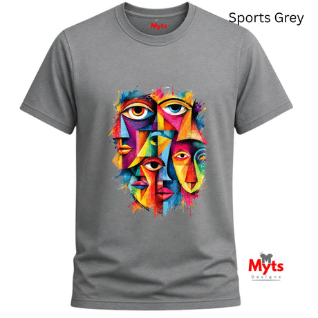 A gray short-sleeve crewneck t-shirt featuring a colorful graphic print of multiple stylized faces with eyes. The text 'Sports Grey' is written in the top right corner, and the 'Myts Designs' brand logo is visible in the bottom right corner.