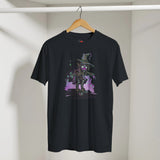 Black t-shirt with a colorful graphic of a character in a witch hat on a hanger against a plain background.