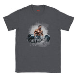 Gray t-shirt with a graphic of a muscular man lifting weights and the text 'Outwork Everyone' on a white background.