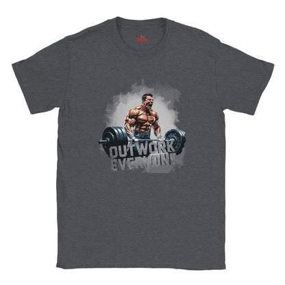 Gray t-shirt with a graphic of a muscular man lifting weights and the text 'Outwork Everyone' on a white background.