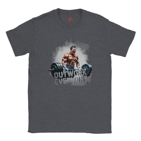 Gray t-shirt with a graphic of a muscular man lifting weights and the text 'Outwork Everyone' on a white background.