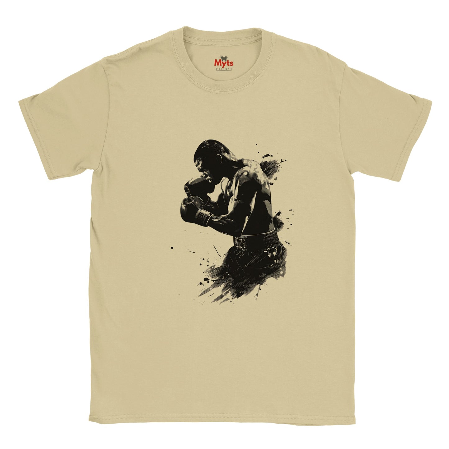 Natural t-shirt with a black graphic of a boxer on a white background