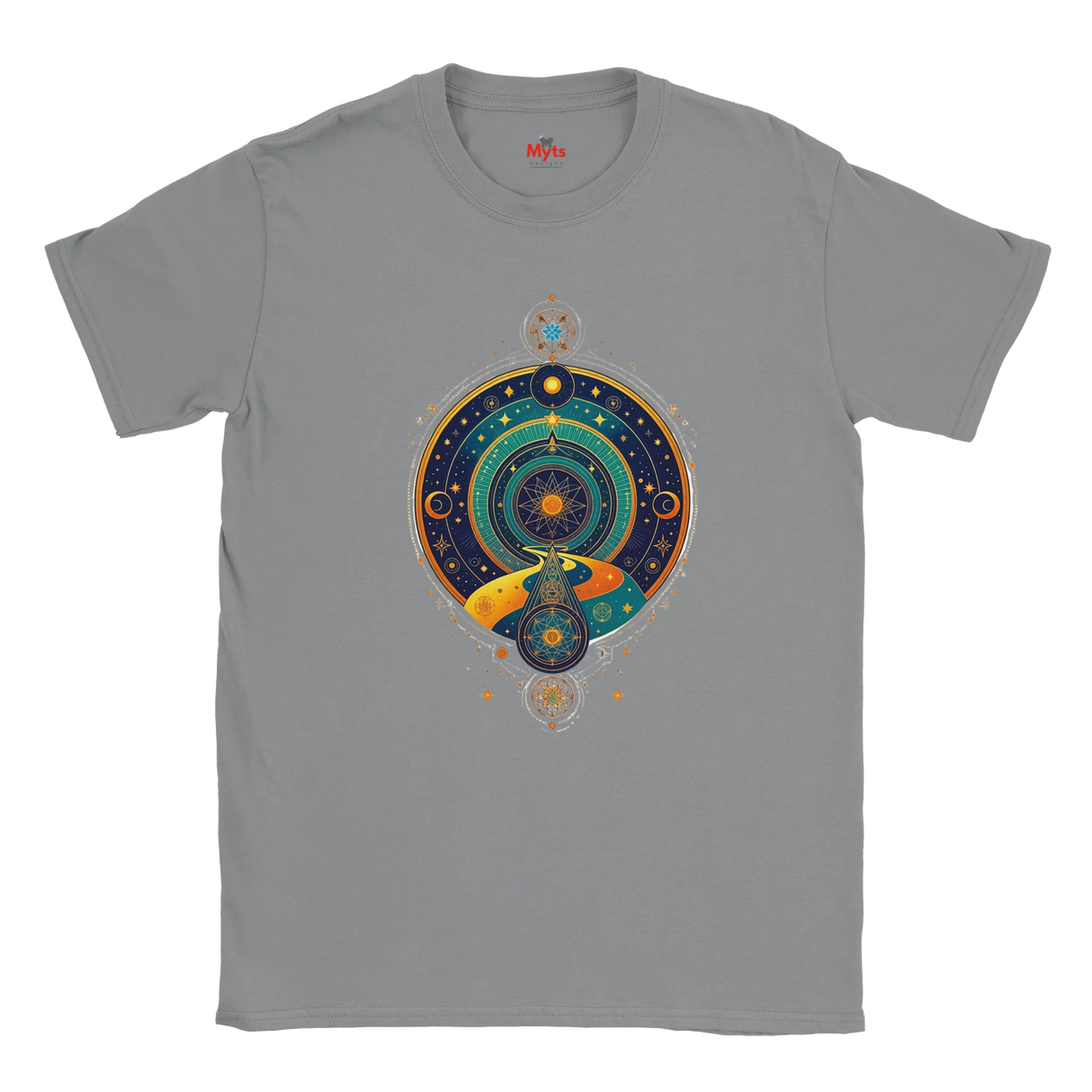Gray t-shirt with a colorful celestial design on a white background