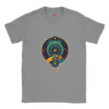 Gray t-shirt with a colorful celestial design on a white background