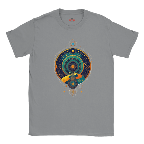 Gray t-shirt with a colorful celestial design on a white background