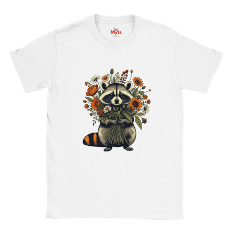 A white short-sleeve crewneck T-shirt featuring a graphic of a raccoon holding a bouquet of orange and yellow wildflowers. The inner collar shows the red 'Myts' brand logo.