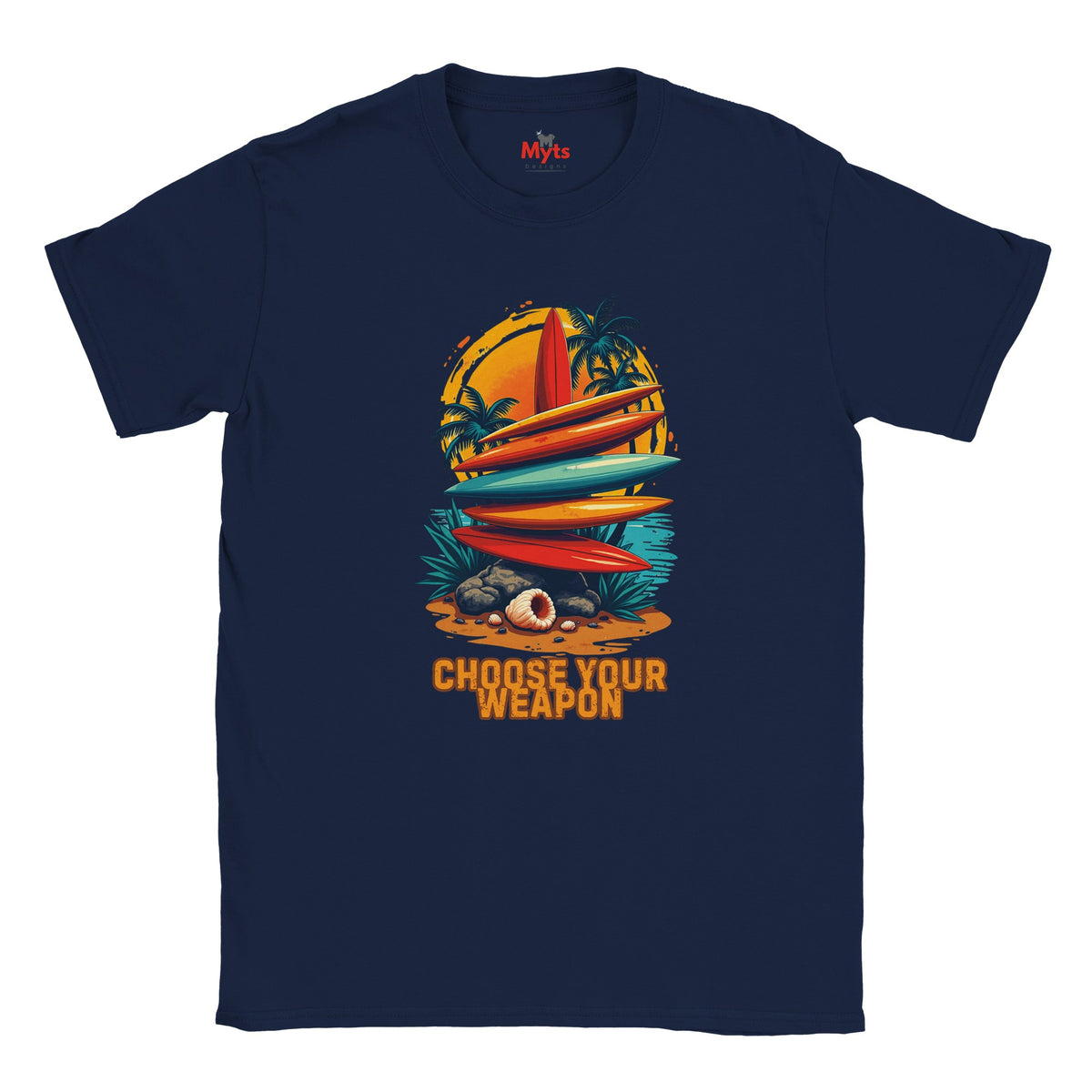 Navy blue t-shirt with a colorful graphic of surfboards and palm trees on a white background