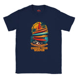 Navy blue t-shirt with a colorful graphic of surfboards and palm trees on a white background