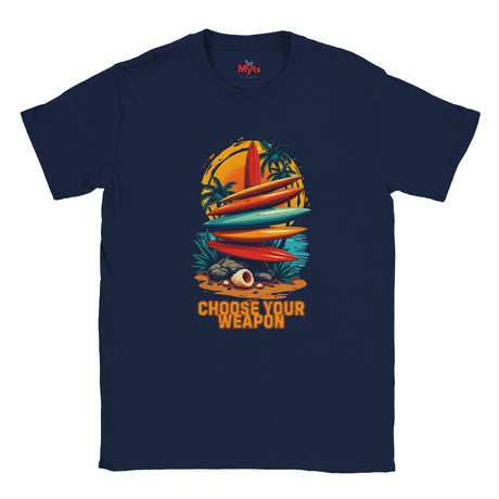 Navy blue t-shirt with a colorful graphic of surfboards and palm trees on a white background