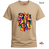 A Sand short-sleeve crewneck t-shirt featuring a colorful graphic print of three stylized faces with eyes, rendered in a vibrant, multi-colored abstract paint splatter style. The brand name 'MYLIS' is visible on the inner neck label.