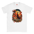 White crew neck T-shirt featuring the Unbound Dreams floral fantasy landscape and celestial moon artwork.