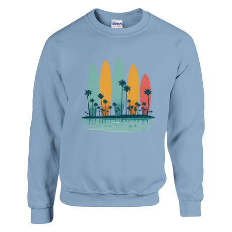 Light blue sweatshirt with colorful surfboard design and palm trees on a white background