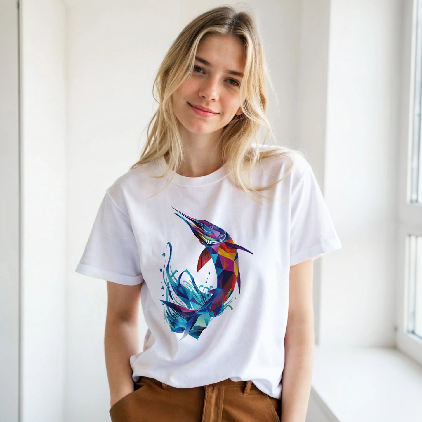 Woman wearing a white t-shirt with a colorful fish design in a bright room.