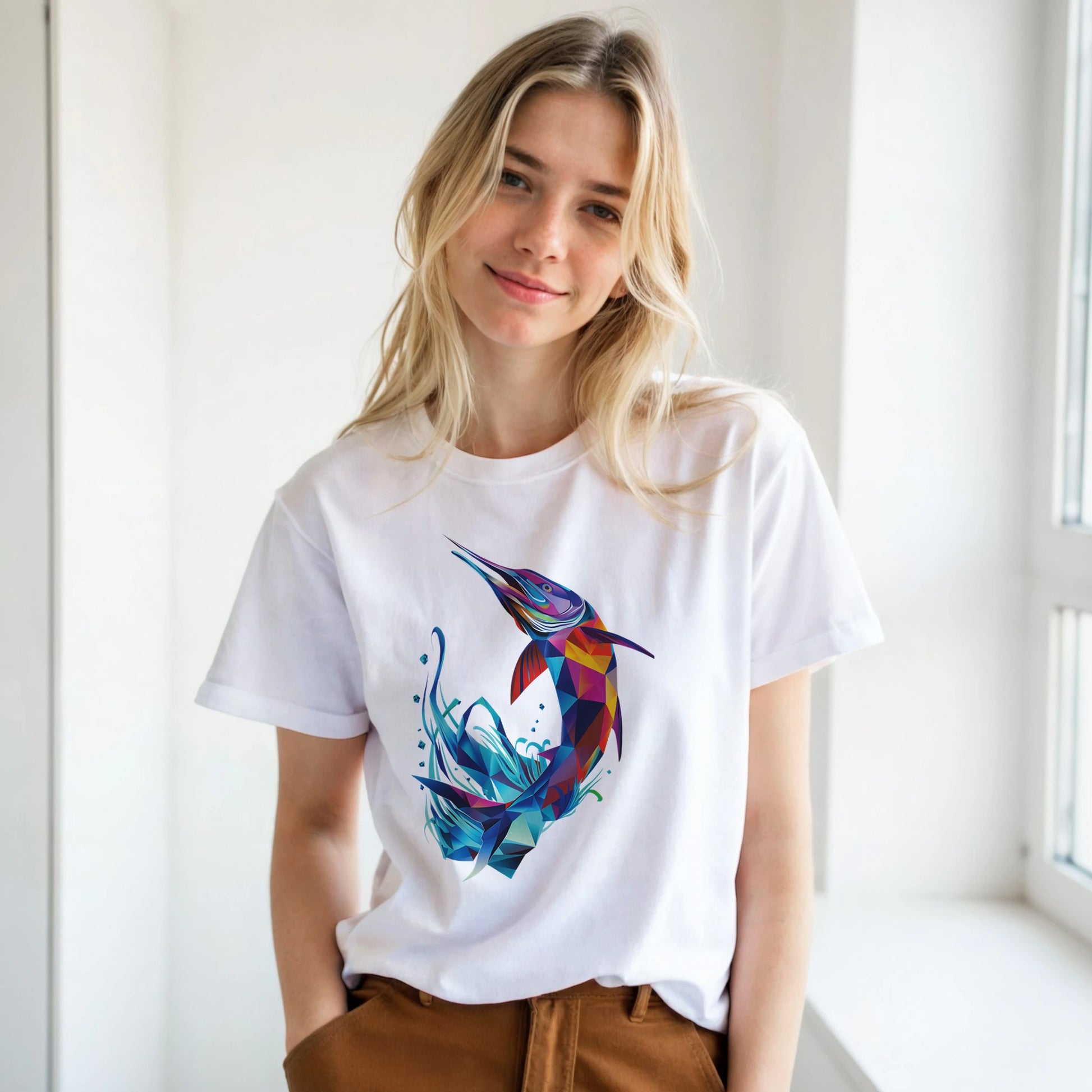 Woman wearing a white t-shirt with a colorful fish design in a bright room.