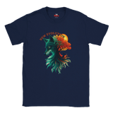 A navy blue short-sleeve crewneck t-shirt featuring a colorful graphic of a wolf head merging with a tree and autumn leaves, with the text 'NEW EVOLUTION' arched above. The brand 'MVP's' is visible on the inner neck label.