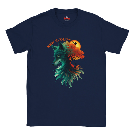 A navy blue short-sleeve crewneck t-shirt featuring a colorful graphic of a wolf head merging with a tree and autumn leaves, with the text 'NEW EVOLUTION' arched above. The brand 'MVP's' is visible on the inner neck label.