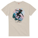 Natural t-shirt with a graphic of a person surfing and text 'On Shore Off Shore' on a white background.