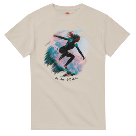 Natural t-shirt with a graphic of a person surfing and text 'On Shore Off Shore' on a white background.