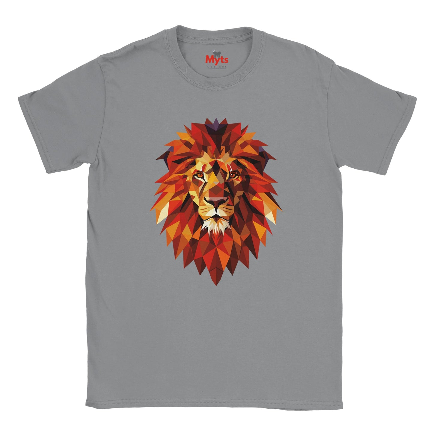Gray t-shirt with a colorful lion graphic on a white background