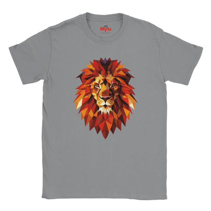 Gray t-shirt with a colorful lion graphic on a white background