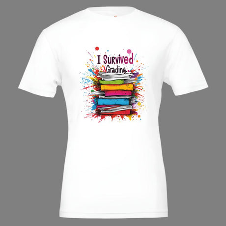 A white t-shirt with a colorful pop art design featuring text and book imagery, indicating a teacher-themed gift.