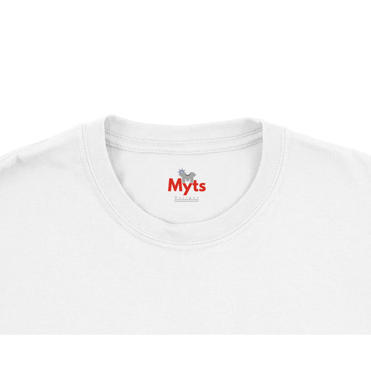 Close-up of a white crewneck t-shirt showing the inner neck label with the red 'Myts' logo and small gray graphic.